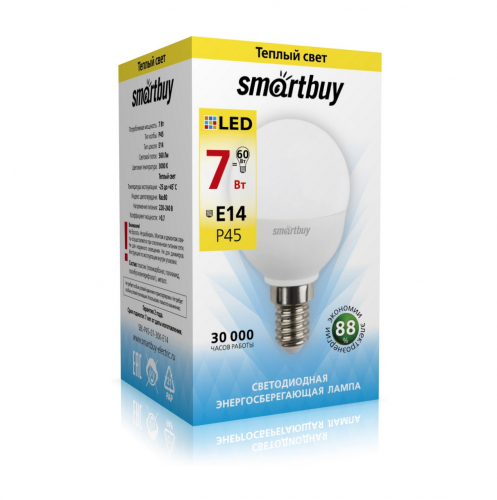 Светодиодная (LED) Лампа Smartbuy-P45-07W/3000/E14 (7W/теплый/E14) (заказ кратно 10шт)