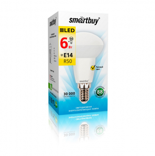 Светодиодная (LED) Лампа Smartbuy-R50-06W/3000/E14 (6W/теплый/E14 для спотов) (заказ кратно 10шт)