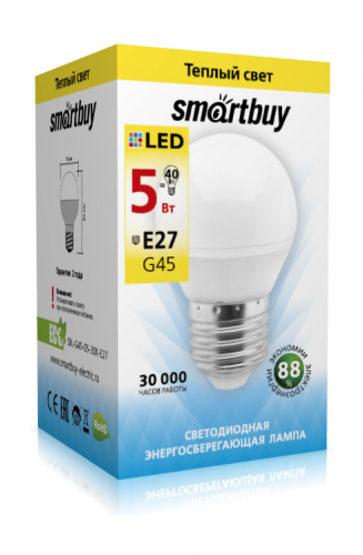 Светодиодная (LED) Лампа Smartbuy-G45-05W/3000/E27 (5W/теплый/E27) (заказ кратно 10шт)