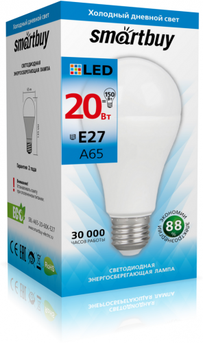 Светодиодная (LED) Лампа Smartbuy-A65-20W/6000/E27 (20W/холодный/E27) (заказ кратно 10шт)
