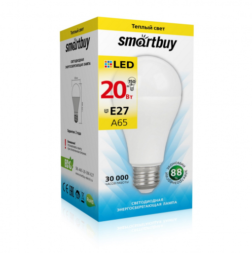 Светодиодная (LED) Лампа Smartbuy-A65-20W/3000/E27 (20W/теплый/E27) (заказ кратно 10шт)
