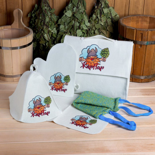Набор для бани и сауны 5 в 1(сумка,шапка,варежка,коврик,мочалка),с принтом 
