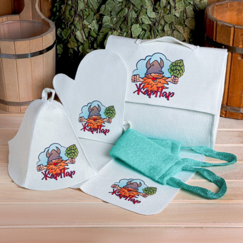 Набор для бани и сауны 5 в 1(сумка,шапка,варежка,коврик,мочалка),с принтом 