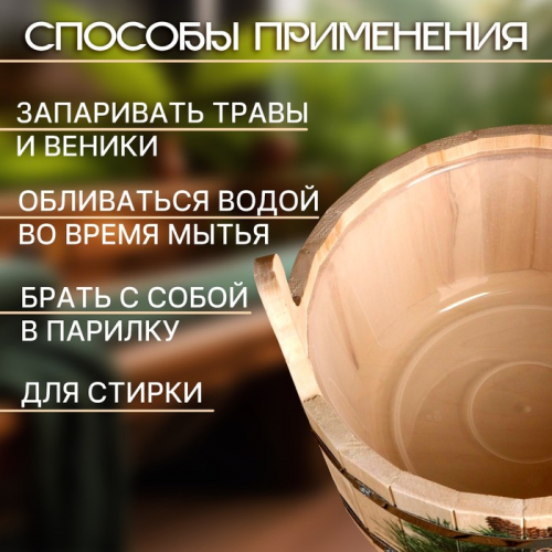 Шайка-таз из липы, 10 л, двуручная, пластиковая вставка, нержавеющий обруч, 