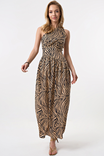 Платье летнее макси с открытой спиной из вискозы с принтом тигр
