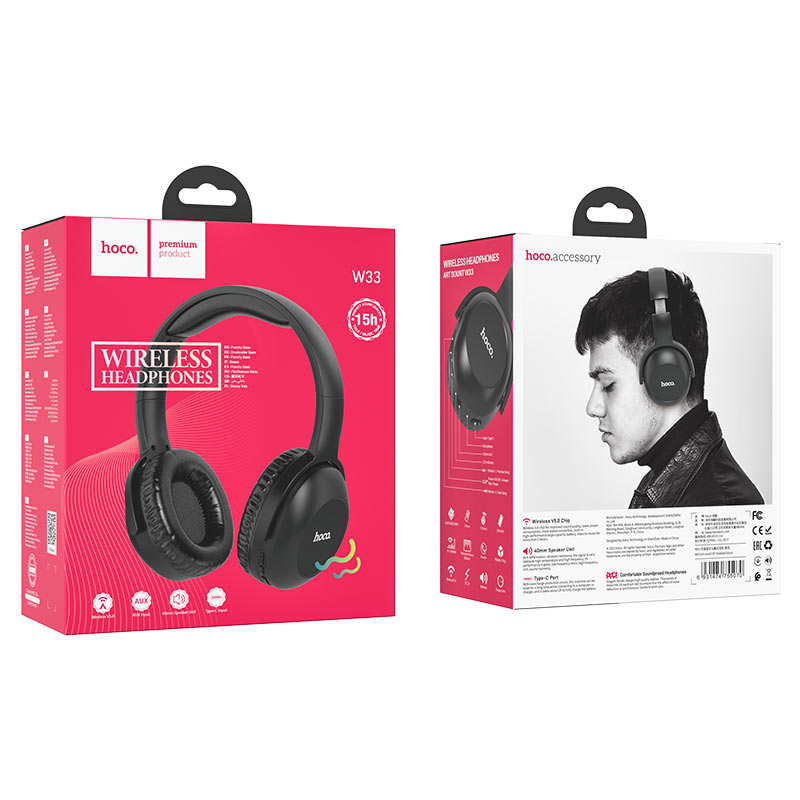 Гарнитура Hoco W33 Art, bluetooth, полноразмерная, складная, AUX, черная