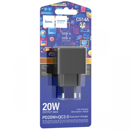 Сетевое зарядное Hoco CS14A USB A, USB QC3.0 + Type-C(гн) PD20W черное, блистер