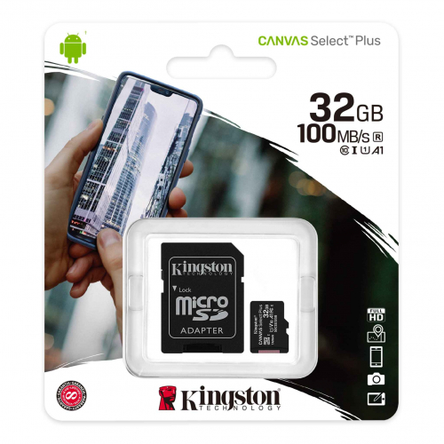 Карта памяти 032 GB Kingston Canvas Select Plus up to 100MB/s (micro SDHC, class10) с SD-адаптером