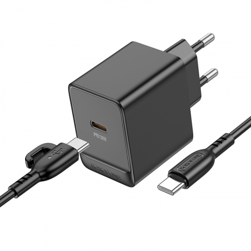 Сетевое зарядное Borofone BAS15A, Type-C (30W) Type-C(гн)+кабель Type-C/Type-C черное, блистер