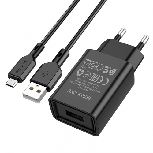 Сетевое зарядное Borofone BA68A microUSB B (2100мА), 1USB выход + кабель, черное, блистер (60)