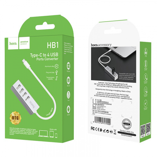 Разветвитель Hoco HB1 (вход Type-C) 4 порта USB (4xUSB2.0), метал., серебристый (1/12)