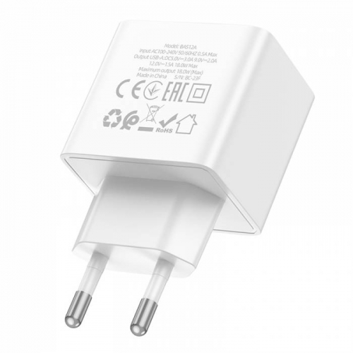 Сетевое зарядное Borofone BAS12A, USB A, QC3.0 (3000мА), 1USB выход, белое, блистер