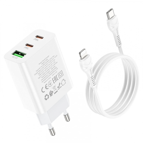 Сетевое зарядное Hoco C99A Lightning, USB QC3.0 + 2xType-C(гн)+кабель Type-C/Lightning, белое кор.