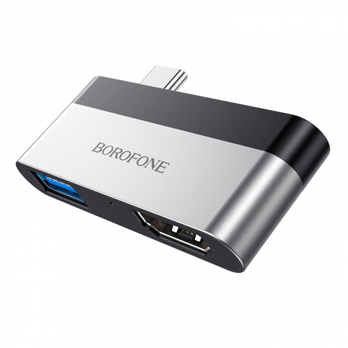 Разветвитель Borofone DH2, Type-C (шт), USB3.0(гн) + HDMI(гн), метал., серый, коробка