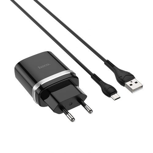 Сетевое зарядное Hoco C12Q microUSB B, QC3.0, 1USB выход + кабель, черное, в коробке (10/100)