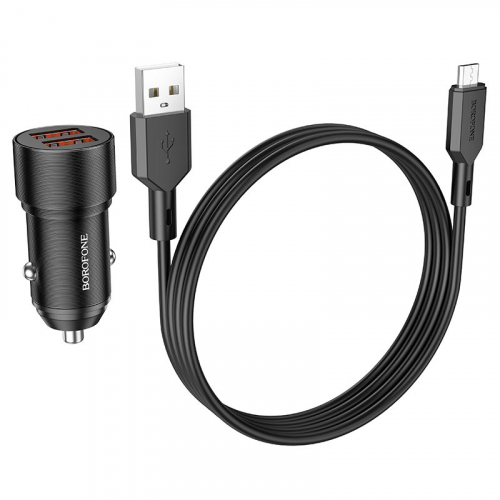 Автомоб. зарядное Borofone BZ19 microUSB B (2400мА max), 2USB выхода+кабель (в коробке), черное (94)