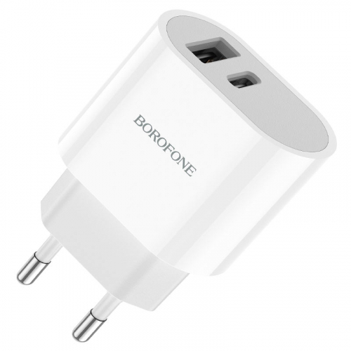 Сетевое зарядное Borofone BA62A USB A + Type-C(гн), (2400mA max) белое, коробка (35)