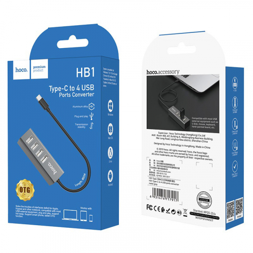 Разветвитель Hoco HB1 (вход Type-C) 4 порта USB (4xUSB2.0), метал., серый (1/12)