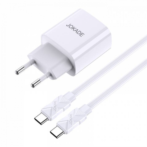 Сетевое зарядное Jokade JB042 Type-C, USB QC3.0 + Type-C(гн) + кабель Type-C/Type-C, белое, блистер