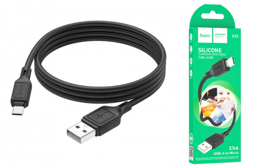 Кабель Hoco X 90 USB A, microUSB B, силикон, 2,4A, черный 1м, в коробке (37)
