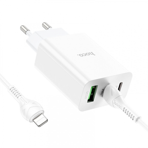 Сетевое зарядное Hoco C99A Lightning, USB QC3.0 + 2xType-C(гн)+кабель Type-C/Lightning, белое кор.