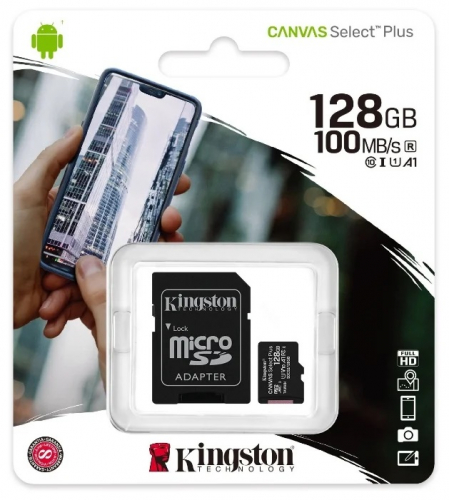 Карта памяти 128 GB Kingston Canvas Select Plus up to 100MB/s (micro SDHC, class10) с SD-адаптером