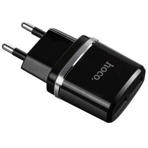 Сетевое зарядное Hoco C12 USB A (2400мА), 2USB выхода, черное, в коробке (10)