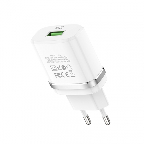 Сетевое зарядное Hoco C12Q USB A, QC3.0, 1USB выход, белое в коробке (10/100)