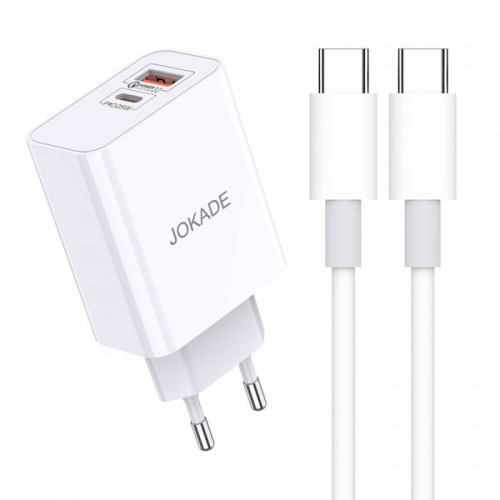 Сетевое зарядное Jokade JB028 Type-C, USB QC3.0 + Type-C(гн) + кабель Type-C/Type-C, белое, коробка
