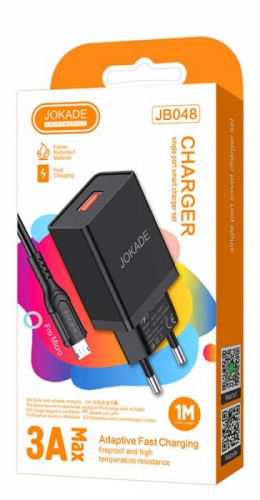 Сетевое зарядное Jokade JB048, microUSB B, (3A max), 1USB выход + кабель, черное, коробка