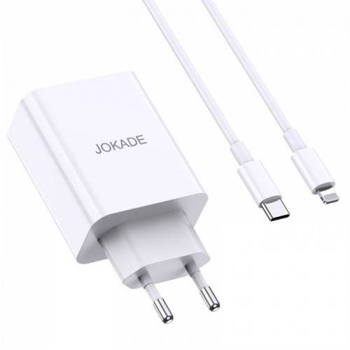 Сетевое зарядное Jokade JB028 Lightning, USB QC3.0+Type-C(гн) + кабель Type-C/Lightning белое, кор