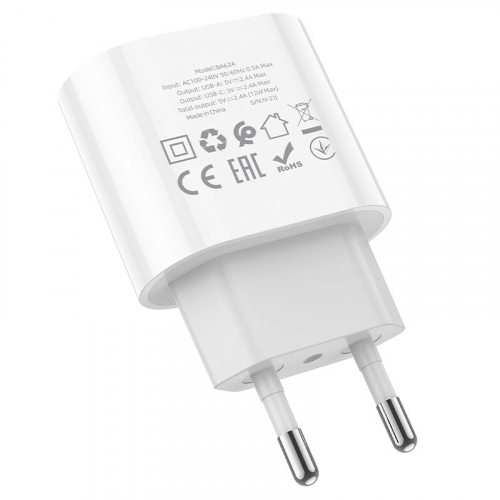Сетевое зарядное Borofone BA62A USB A + Type-C(гн), (2400mA max) белое, коробка (35)