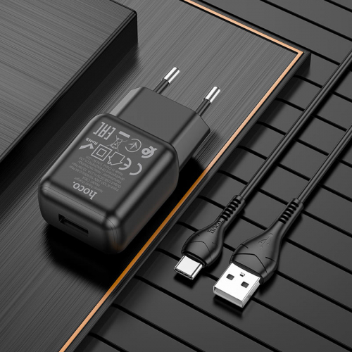 Сетевое зарядное Hoco C96A Type-C (2100мА) 1USB выход + кабель, черное, блистер (27/162)