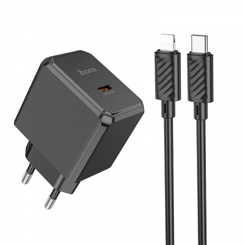 Сетевое зарядное Hoco CS15A Lightning, Type-C(гн) PD30W + кабель Lightning/Type-C черное, блистер
