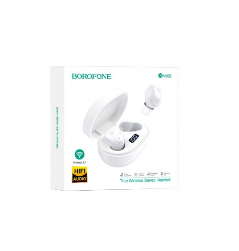 Гарнитура Borofone BW06 bluetooth 5.1, вакуумная (чехол с аккумулятором), белая