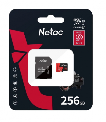 Карта памяти 256 GB Netac P500 Extreme Pro UHS-1 A1 V30 (micro SDHC, class10) с SD-адаптером