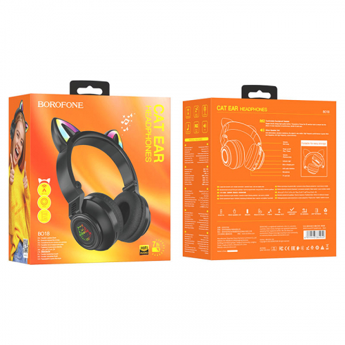 Гарнитура Borofone BO18 Cat Ear, bluetooth 5.0 полноразмер, оголовье с кошачьими ушами, черная (36)