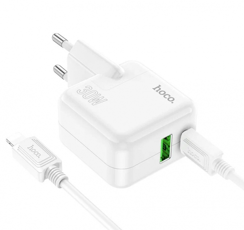 Сетевое зарядное Hoco C111A Lightning, USB QC3.0+Type-C(гн)+ кабель Type-C/Lightning, белое,кор (20)