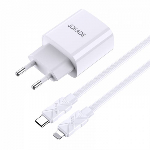 Сетевое зарядное Jokade JB042 Lightning, USB A(QC3.0)+Type-C(гн)+кабель Type-C/Lightning, белое, бл.