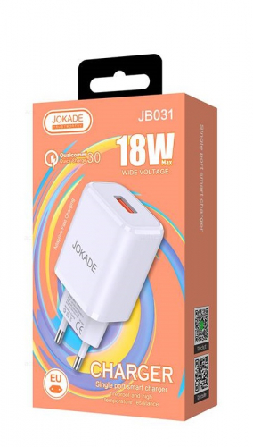 Сетевое зарядное Jokade JB031, USB A QC3.0 (18W max), 1USB выход, белое, коробка