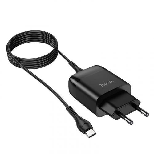 Сетевое зарядное Hoco C72Q Type-C, QC3.0 (18W) 1USB выход + кабель, черное блистер (30/180)