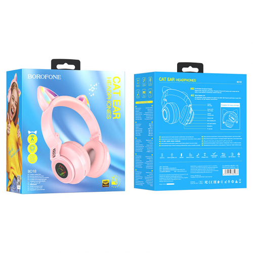 Гарнитура Borofone BO18 Cat Ear, bluetooth 5.0 полноразмер, оголовье с кошачьими ушами, розовая (36)