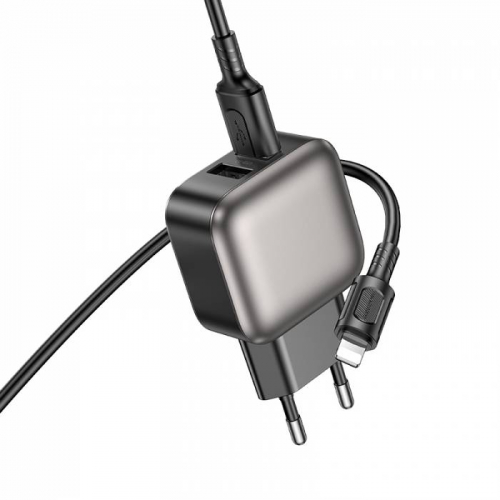Сетевое зарядное Hoco C88A Lightning (2400мА) 2USB выхода + кабель, белое, в коробке (12/120)