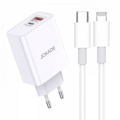 Сетевое зарядное Jokade JB028 Lightning, USB QC3.0+Type-C(гн) + кабель Type-C/Lightning белое, кор