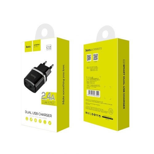 Сетевое зарядное Hoco C12 USB A (2400мА), 2USB выхода, черное, в коробке (10)