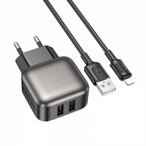 Сетевое зарядное Hoco C88A Lightning (2400мА) 2USB выхода + кабель, белое, в коробке (12/120)