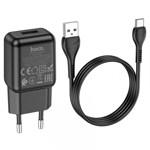 Сетевое зарядное Hoco C96A Type-C (2100мА) 1USB выход + кабель, черное, блистер (27/162)