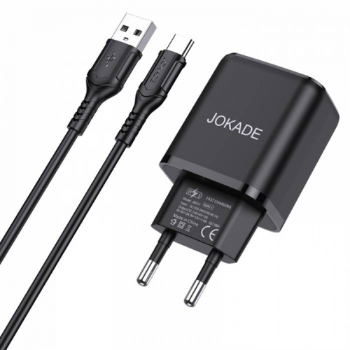 Сетевое зарядное Jokade JB032 Type-C, QC3.0 (18W max), 1USB выход + кабель, черное, коробка