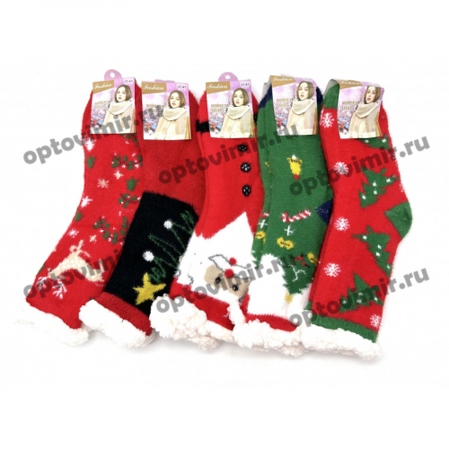 Домашние носки-бурки женские Ирина с новогодними принтами пушистые HN1017