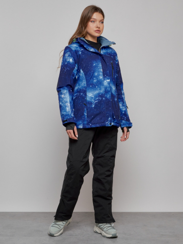 Горнолыжный костюм женский большого размера зимний темно-синего цвета 03517TS